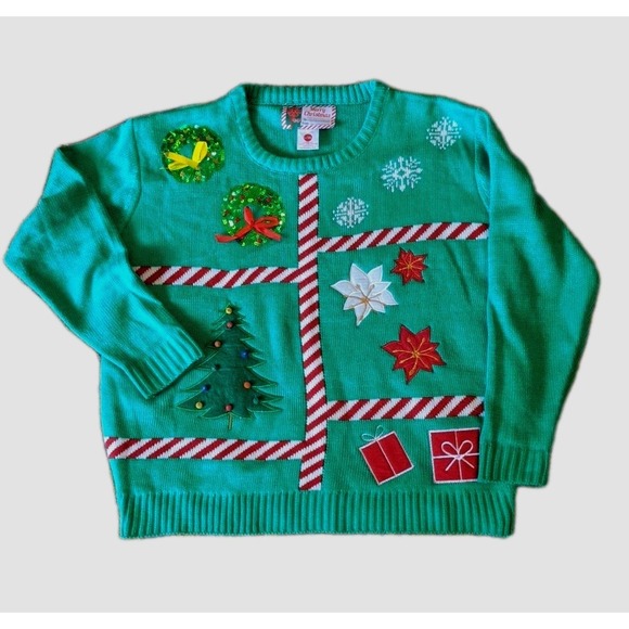 Ugly Green Christmas Appliqued Sweater Pompoms Sequins XL 24" Pit To Pit - Picture 1 of 7